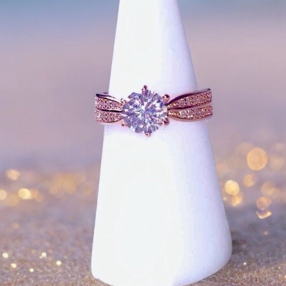 Rose Gold Ring with Round Solitaire 2 Rows AAA Gems Anniversary NWT - Picture 1 of 4